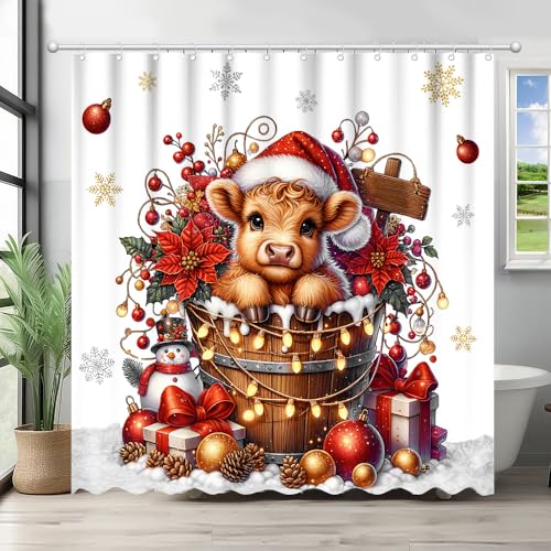Christmas Highland Cow Shower Curtain 72x72 Inches with Hooks - Rustic Farmhouse Bathroom Decor