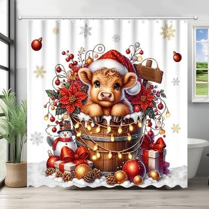 Christmas Highland Cow Shower Curtain 72x72 Inches with Hooks - Rustic Farmhouse Bathroom Decor