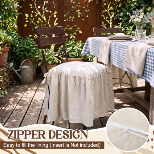 4 Pcs Ruffle Chair Cushion Covers 17.5x17.5 Inches Cotton Linen Natural - Farmhouse Style