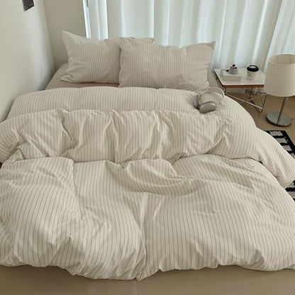 Queen Beige Striped Comforter Set - All Season Microfiber Bedding 3pcs