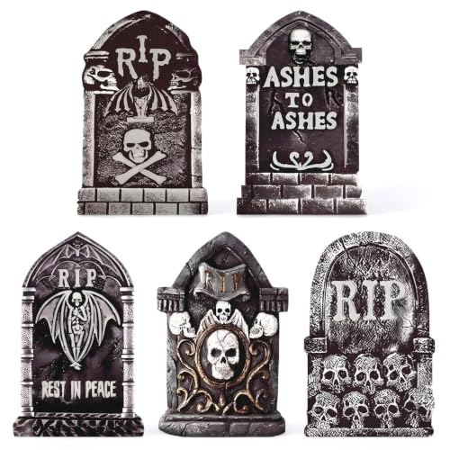 Halloween Tombstones Outdoor Graveyard Decorations 25.6 Inch 5-Pack - Creepy Spooky Yard Decor with Weatherproof Plastic Stakes