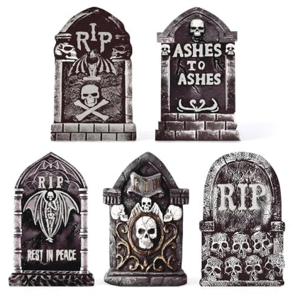 Halloween Tombstones Outdoor Graveyard Decorations 25.6 Inch 5-Pack - Creepy Spooky Yard Decor with Weatherproof Plastic Stakes
