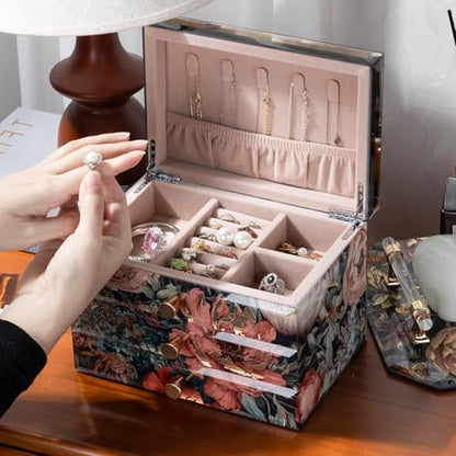 Homruilink Peony Glass Jewelry Box for Women - 3 Layer, Decorative Organizer