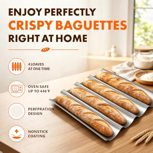 French Baguette Bread Pan Set - Nonstick 2-Pack with 8 Slots, Silver