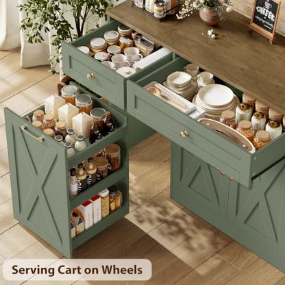 Green Kitchen Buffet Cabinet with Storage & Rolling Cart - 59 Inch