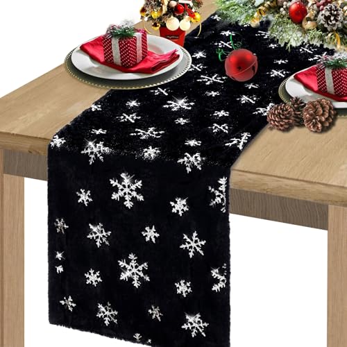 Fur Christmas Table Runner with Silver Sequin Snowflakes - Black, 13 x 108 Inches - Holiday Home Decor