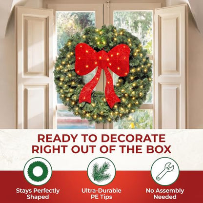 Large Artificial Christmas Wreath 30 Inch with 130 LED Lights and Red Bow - Indoor Outdoor Holiday Decor