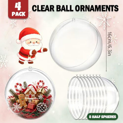 Large Clear Christmas Ornaments Balls - Fillable 6.3 Inch Jumbo Set of 4 - DIY Holiday Decor