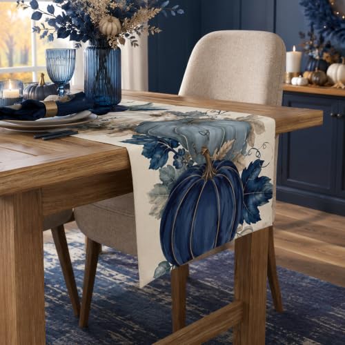 Fall Pumpkin Table Runner - Blue and White Thanksgiving Decor - Variation of Fall Pumpkin