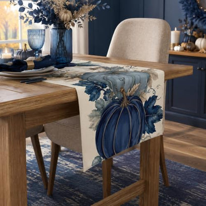 Fall Pumpkin Table Runner - Blue and White Thanksgiving Decor - Variation of Fall Pumpkin