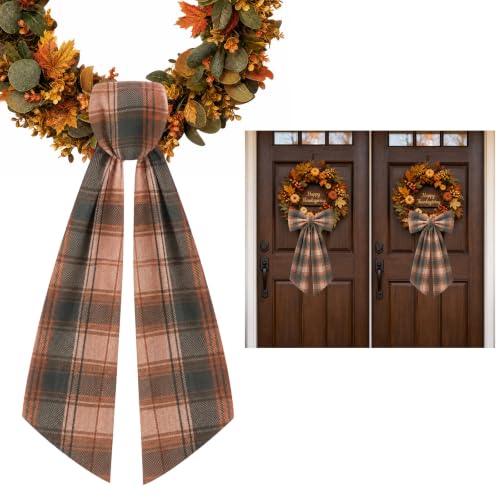 Orange-Brown Plaid Fall Wreath Sash Set for Front Door Autumn Decor - 2 Pieces