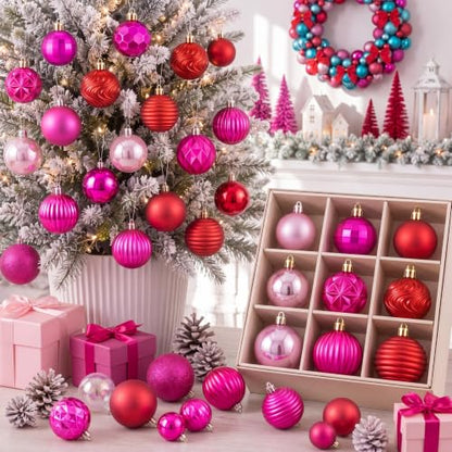 Romantic Hot Pink & Red Christmas Ball Ornaments Set - 72 Bulk Holiday Decorations