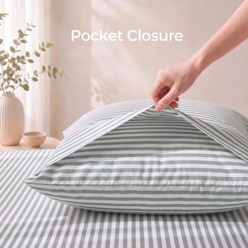 Sage Gray Pillowcases Queen Size Set of 2 - Cotton Sateen with White Stripes, 300TC