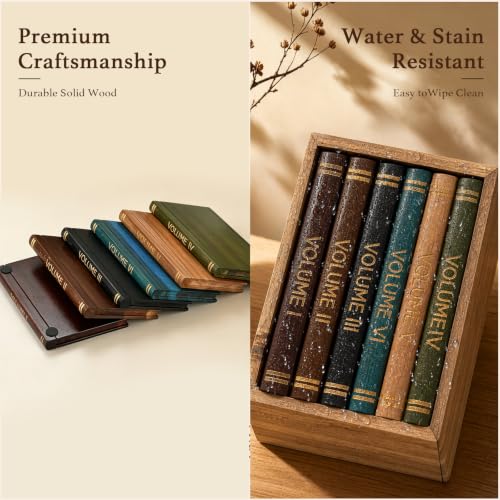 Book Coasters Set of 6 - Wooden Literary Drink Coasters with Stand