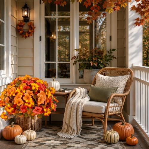Artificial Fall Flowers Outdoor 4PCS Sunset Orange & Green Bicolor