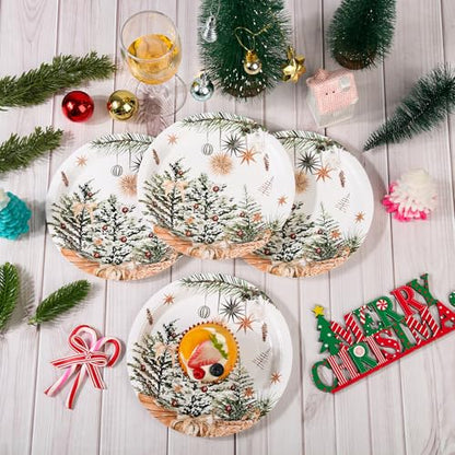 24 Pcs Christmas Holiday Dessert Plates Xmas Trees Holly Pine Cone Design