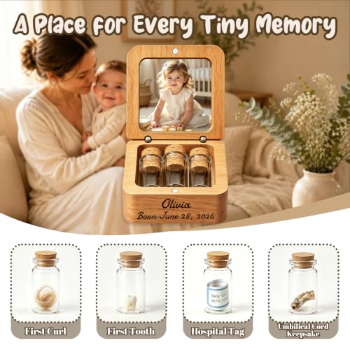 KDY Personalized Baby Keepsake Box - Custom Engraved Wooden Memory Box with Photo Display - Raw Walnut Wood