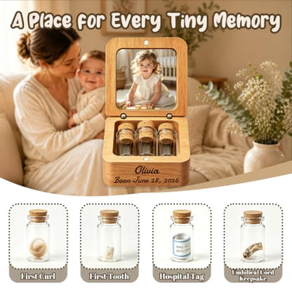 KDY Personalized Baby Keepsake Box - Custom Engraved Wooden Memory Box with Photo Display - Raw Walnut Wood