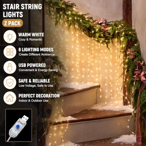Staircase Curtain Lights 23.6ft with 576 LEDs, 8 Modes, USB & 110V Compatible