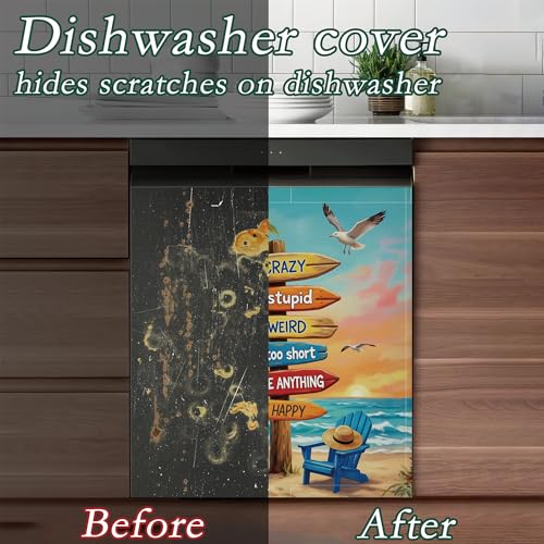 Retro Summer Beach Dishwasher Magnet Cover - Decorative & Washable Kitchen Decor 23x26 Inch