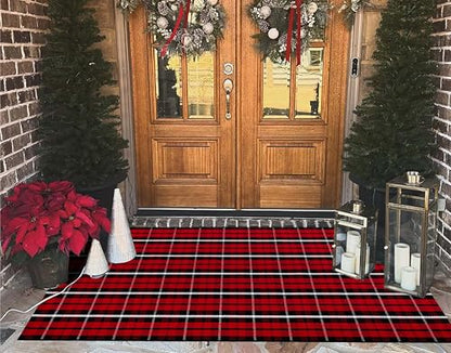 Christmas Outdoor Rug 3x5 ft Red Black Buffalo Check Front Porch Mat - Layering Decor