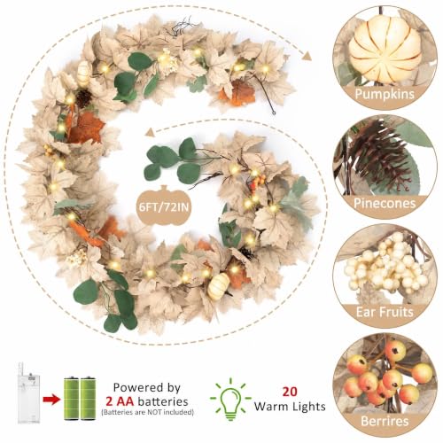 1 pcs 6Ft Fall Leaves Garland with Lights for Mantel Decor Pumpkin Pinecone Berry