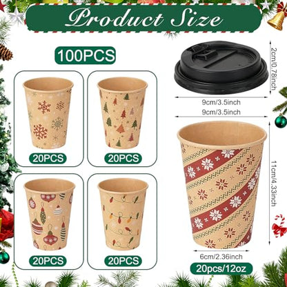 Christmas Disposable Paper Cups with Lids 12oz - 100 Pcs Holiday Party Supplies