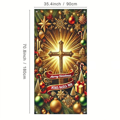 IVN Christmas Golden Cross Door Cover Decoration Banner 71x35 Inch - Holiday Welcome