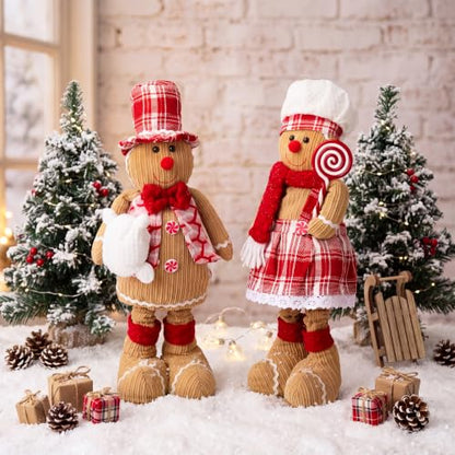 Large Christmas Gingerbread Plush Doll Set with Retractable Legs - Red Plaid