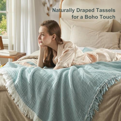 Teal Cotton Throw Blanket with Tassels - 50x60 Inches, Reversible Boho Decor