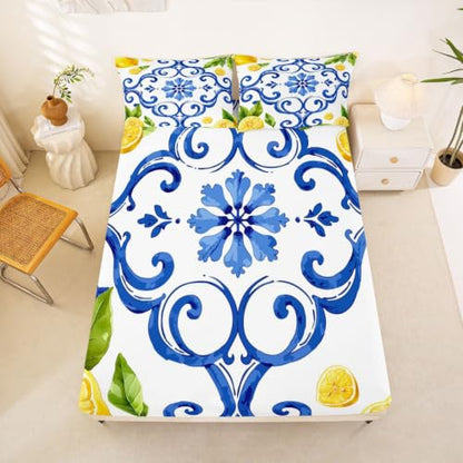 Blue Tile Lemon Full Bed Sheets Set - Bright Yellow Swirl Mandala Design