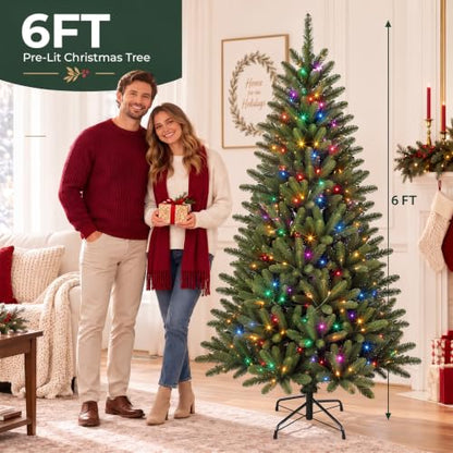 6FT Artificial Christmas Tree with 300 Multicolor LED Lights - Pre-Lit Holiday Tree