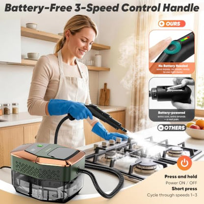Steam Cleaner for Home with 1800ml Tank, Battery-Free Trigger, Green & Gold