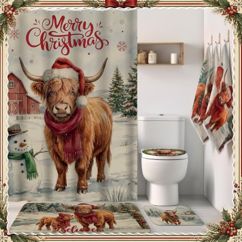 Vesici Waterproof Christmas Shower Curtain Set Highland Cow