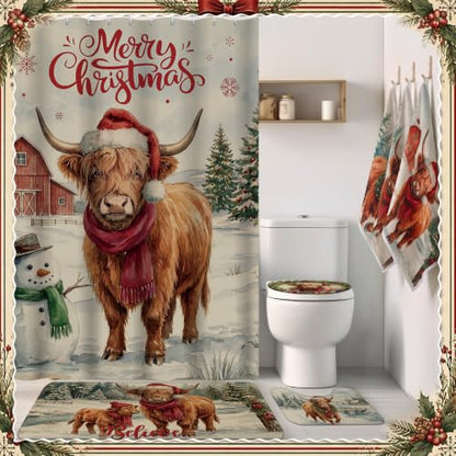 Vesici Waterproof Christmas Shower Curtain Set Highland Cow