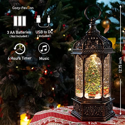 Christmas Snow Globe Lantern with Music & Swirling Glitter - Nutcracker & Train Rotating Decor, 12.7"