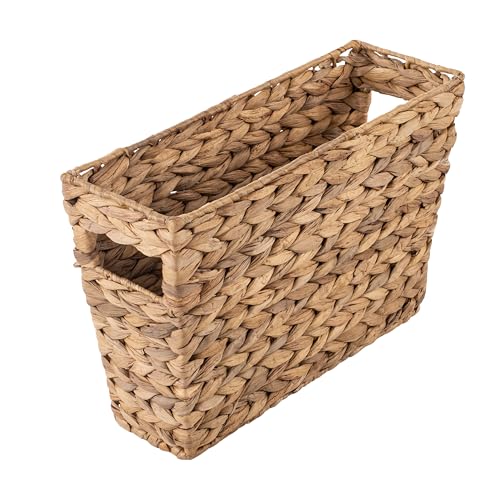 Water Hyacinth Woven Storage Basket for Magazines and Laundry - Natural, 15.5"L x 5.3"W x 10"H - Slim Tapered Design with Iron Frame