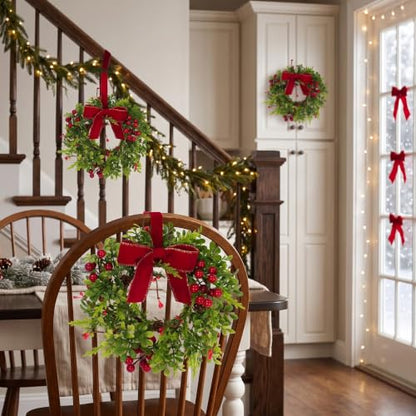 Green Christmas Mini Wreaths Set of 4 with Pinecones Berries Ribbon for Holiday Decor