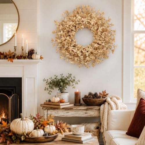 Beige Fall Wreath for Front Door - 24 Inch Autumn Forsythia Decor - GinzeTop