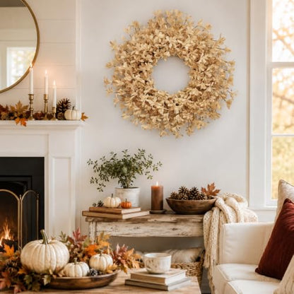 Beige Fall Wreath for Front Door - 24 Inch Autumn Forsythia Decor - GinzeTop