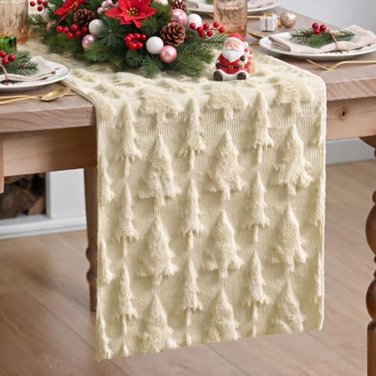 Beige Christmas Tree Table Runner 13x72 Inch Faux Fur Jacquard Holiday Decor