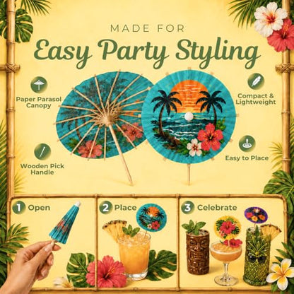 Tiki Bar Cocktail Umbrellas - 100 Pieces with Tropical Designs, Includes Classic Tiki Bar Variation