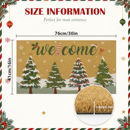 Christmas Welcome Mat 16x30 Inch Non-Slip Faux Coir Front Door Rug with Christmas Tree Pattern
