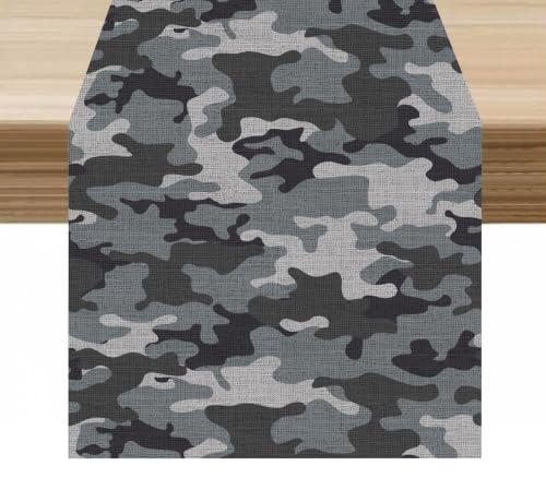 Grey Black Camouflage Table Runner 13x72in Linen Decor for Indoor Outdoor Dining