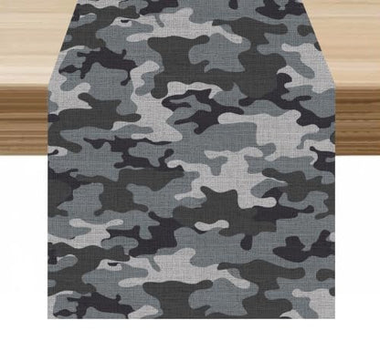 Grey Black Camouflage Table Runner 13x72in Linen Decor for Indoor Outdoor Dining