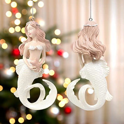Mermaid Christmas Tree Ornament Hanging Decor Holiday Decorations - Pink Hair & White Tail