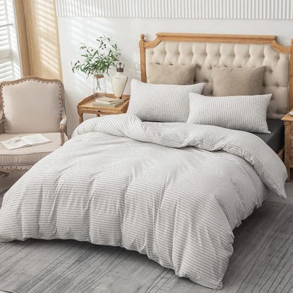 PURE ERA Jersey Knit Duvet Cover Set 100% T-Shirt Heather Cotton Super Soft Comfy Classic Striped Design, with Zipper Closure, Heather Black & White Pinstripe, Queen