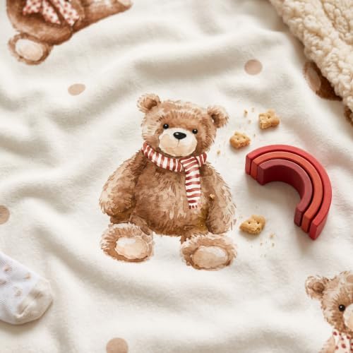 Fleece Baby Blanket 30x35 Inches - Tan Bear Plush Reversible Crib Cover for Boys & Girls