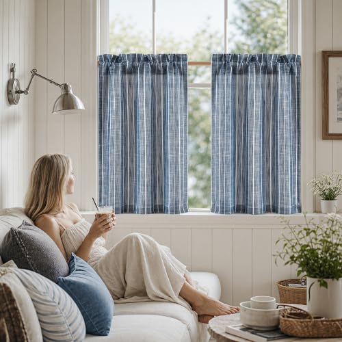 Hygge Navy Striped Tier Kitchen Curtains 26W x 36L, Set of 2