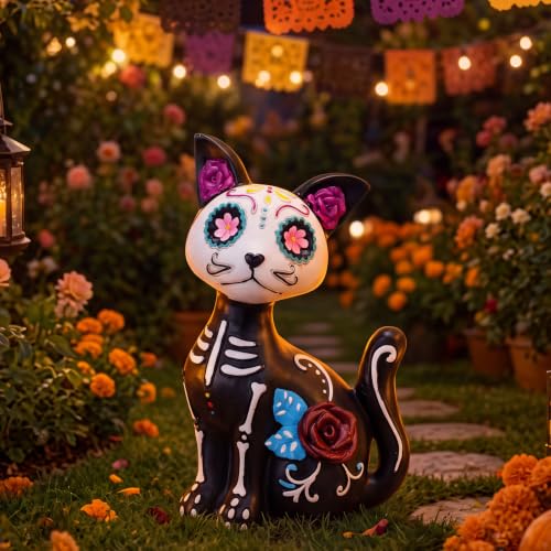 Large Día de Los Muertos Skeleton Cat Statue Halloween Garden Decor